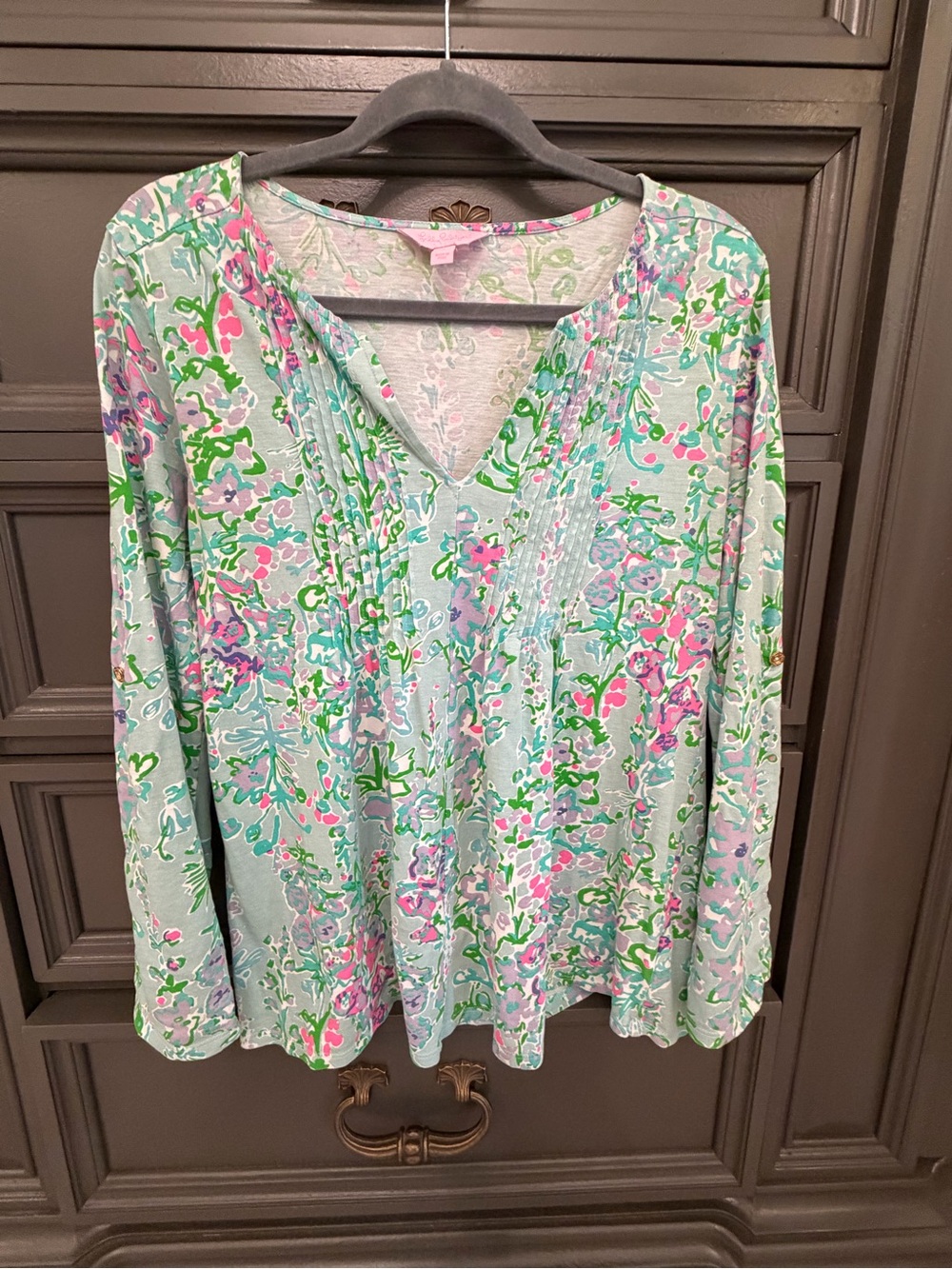Lilly Pulitzer Mint Floral V-Neck Blouse with Pink and Green Accents
